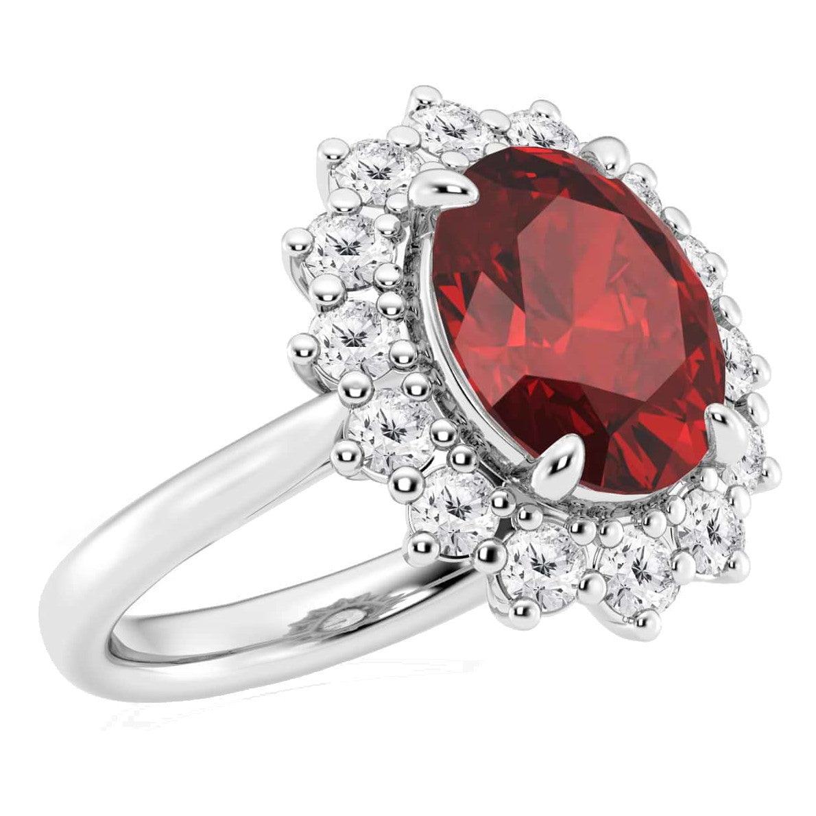 AGI Certified 3CTW Oval Lab Ruby Princess Diana Engagement Ring With Lab Diamond Halo in Choice of 14K White or Yellow Gold – 9x7mm